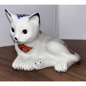 Porcelain Cat Figurine Hand Painted Patchwork Design Patriotic Folk Art Decor